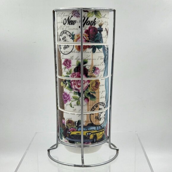 New York City Skyline Set of 4 Stacking Porcelain Mugs with a Metal Rack - Picture 4 of 12